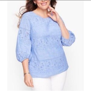 Talbots Embroidered Voile Top Cross Dye Blue Peasant Balloon Sleeves 1X Coastal